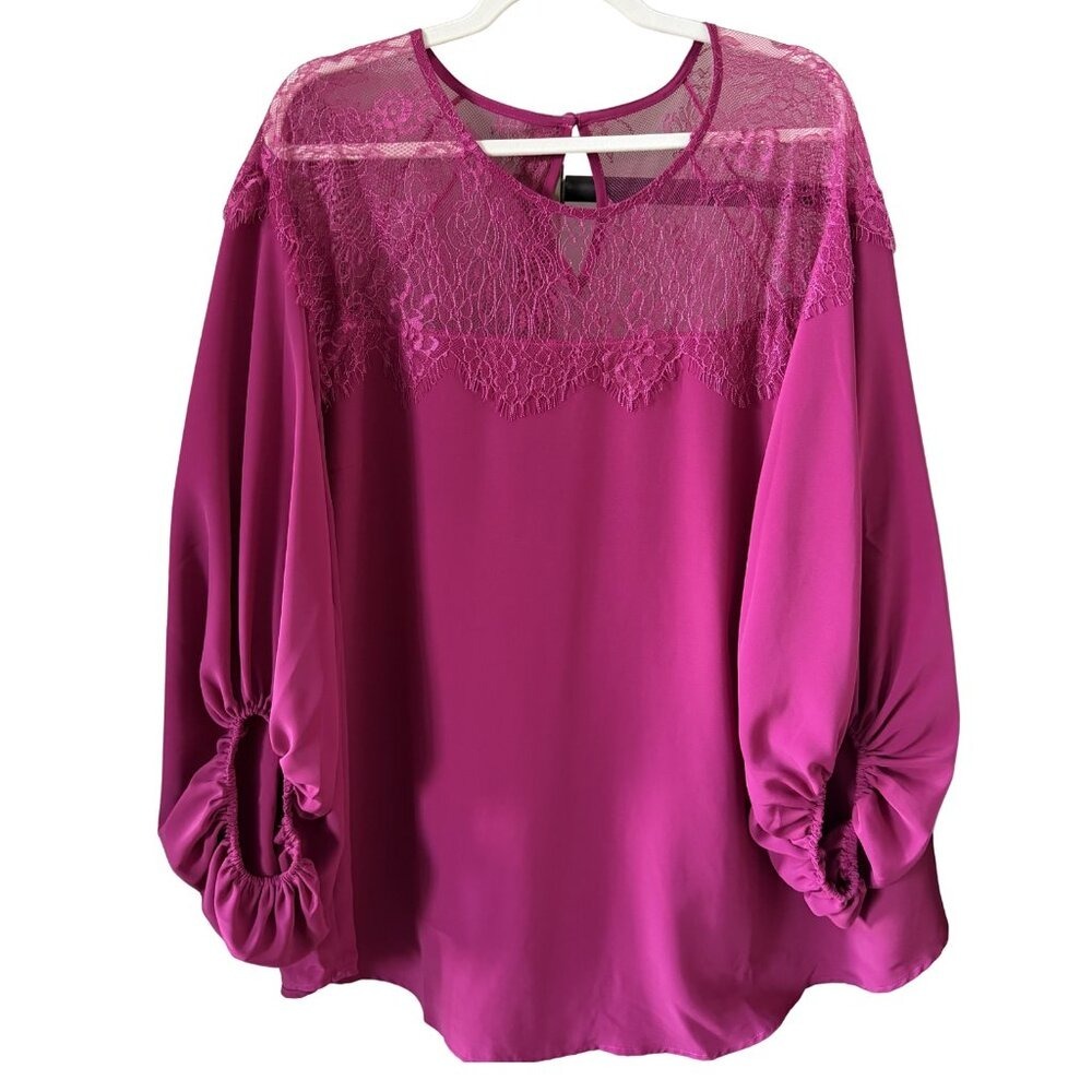 Davi & Dani Magenta Lace Balloon Sleeve Blouse - Size 1XL